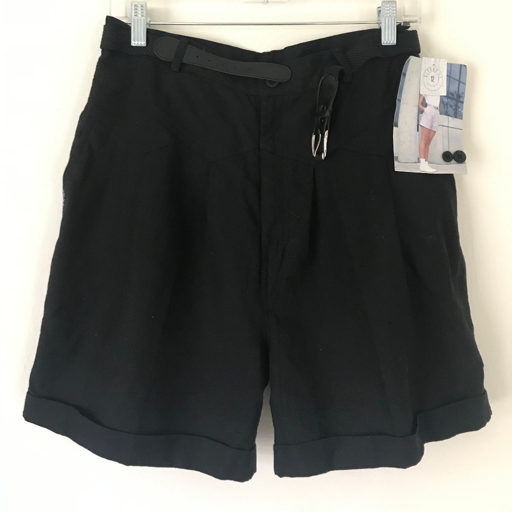 High Waist Black Shorts with Pleat Detail and Belt